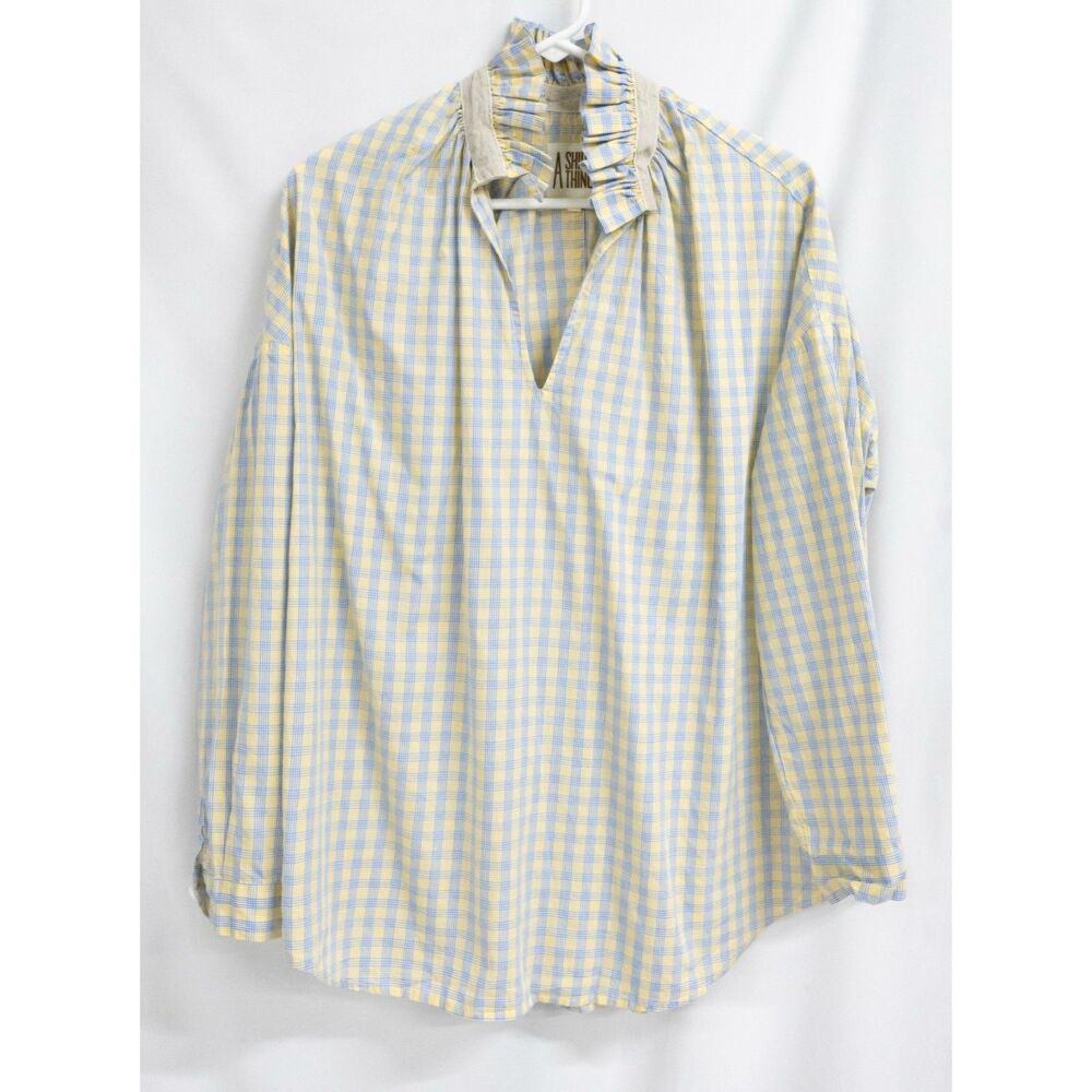 A Shirt Thing Penelope Ruffle Collar Blue Yellow Check Popover Shirt Blouse L